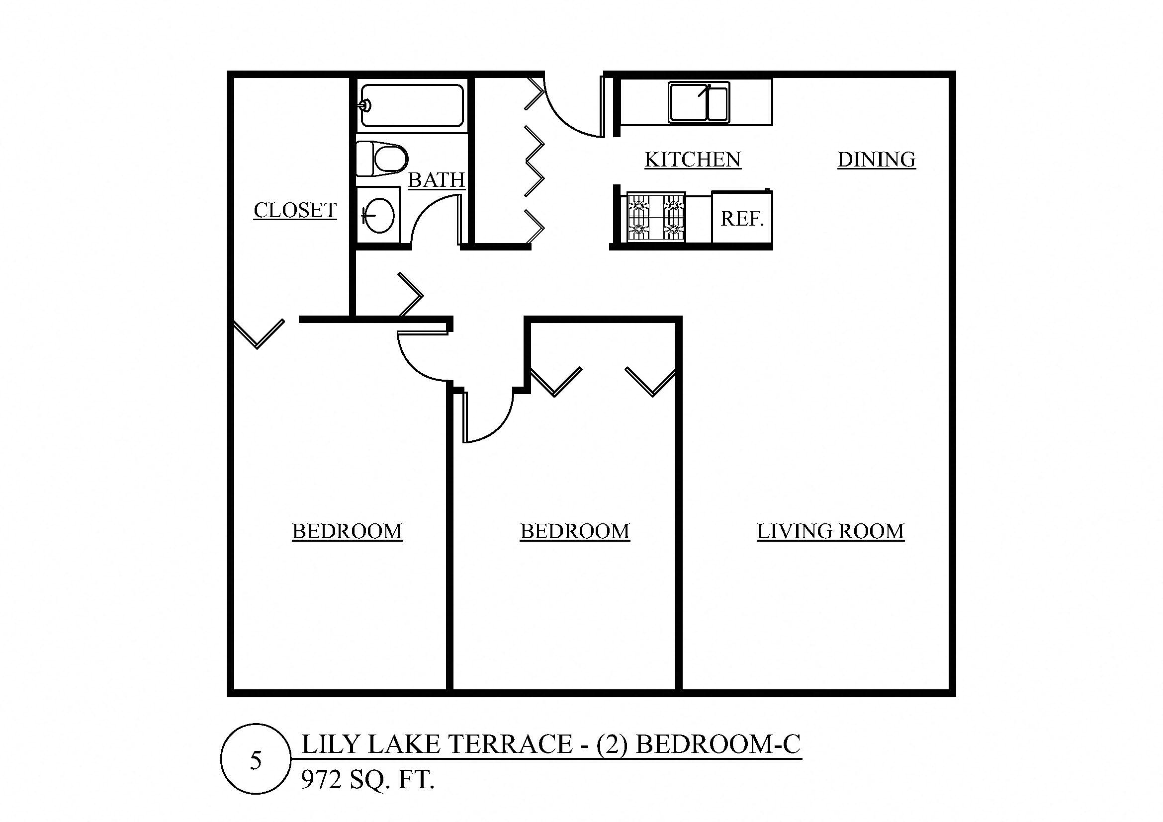 Floor plan for 2 beds, 1 bath, 972 sqft